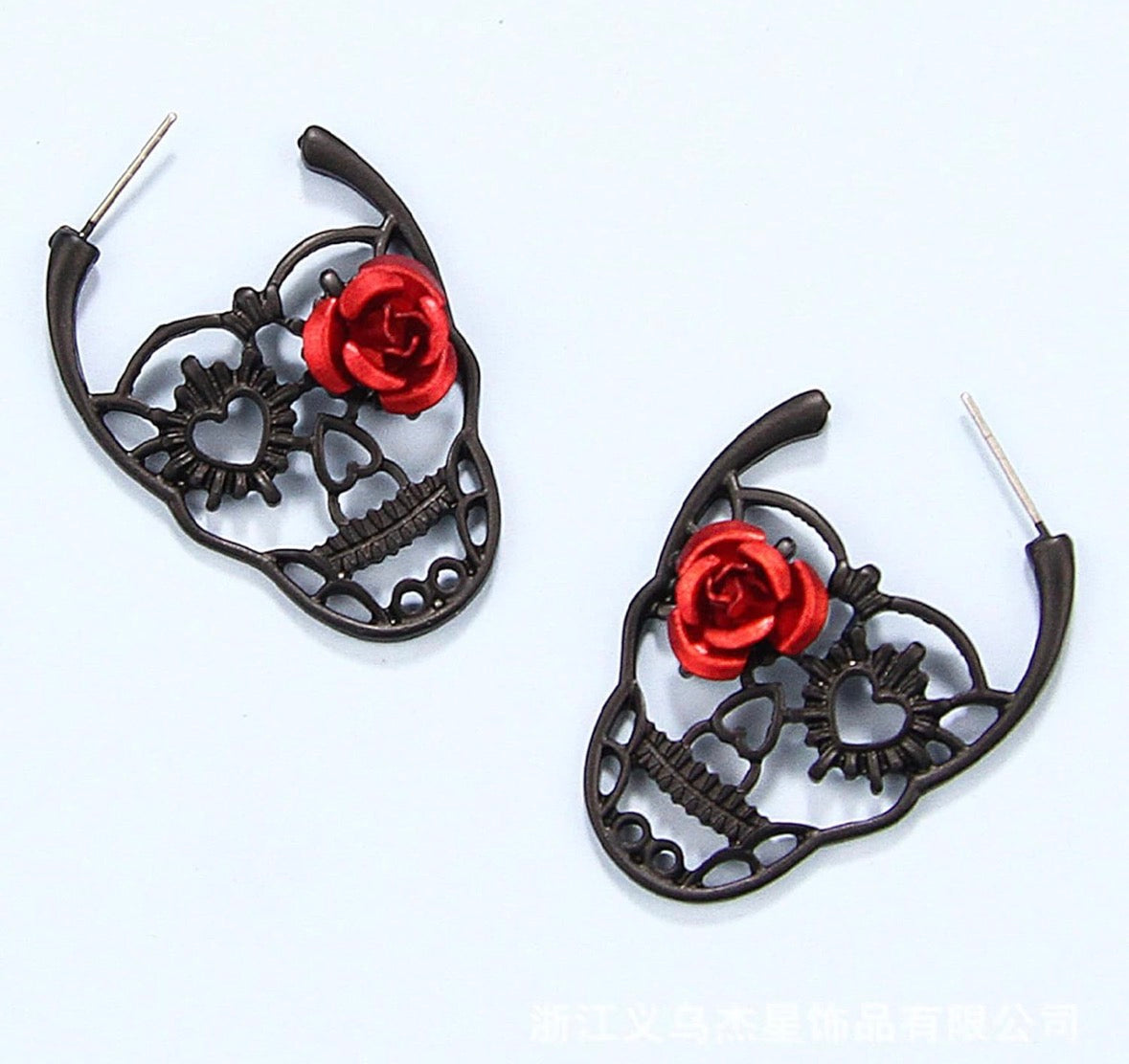Black Gothic Skeleton with Rose Flower Drop Hoop Earrings