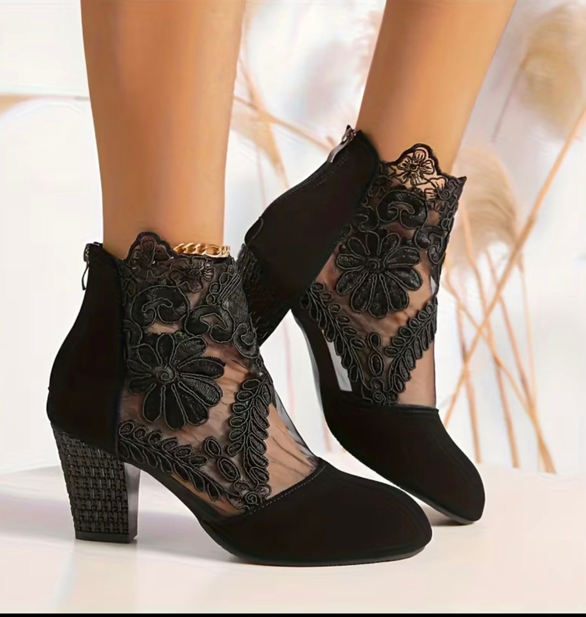 Black Lace Embroidery Mesh Chunky Heel Ankle Boots