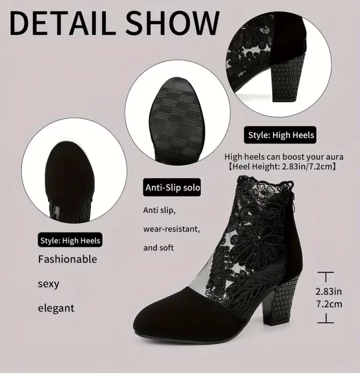 Black Lace Embroidery Mesh Chunky Heel Ankle Boots