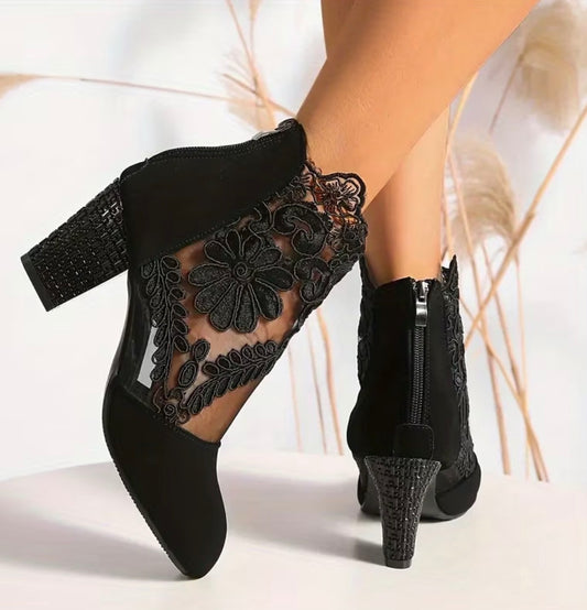 Black Lace Embroidery Mesh Chunky Heel Ankle Boots