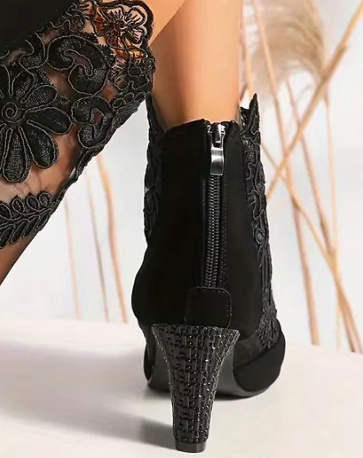 Black Lace Embroidery Mesh Chunky Heel Ankle Boots