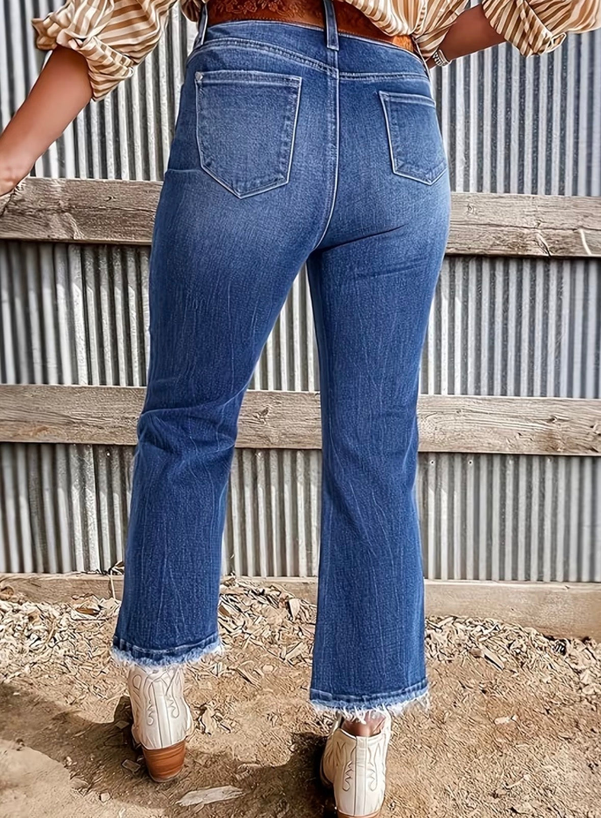 High-Waisted Flared Straight Leg Loose Raw Fringed Hem Jeans