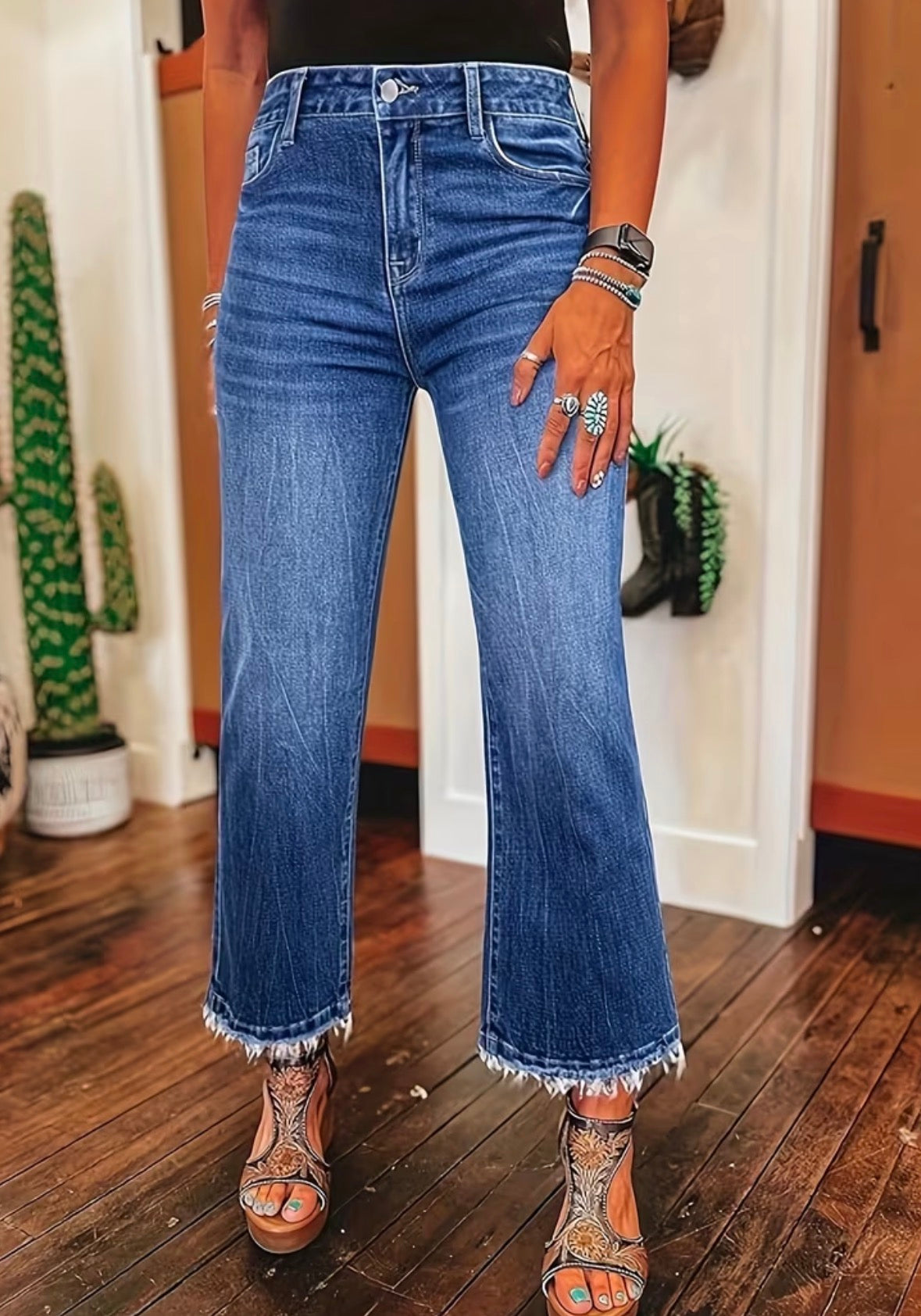 High-Waisted Flared Straight Leg Loose Raw Fringed Hem Jeans