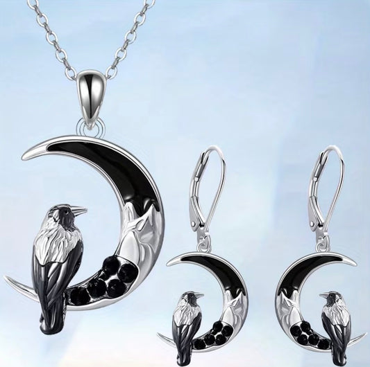 Black Crow and Moon Earring and Necklace Set