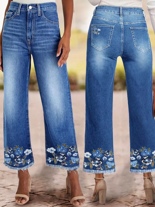 Straight-Leg Jeans with Embroidery Hem