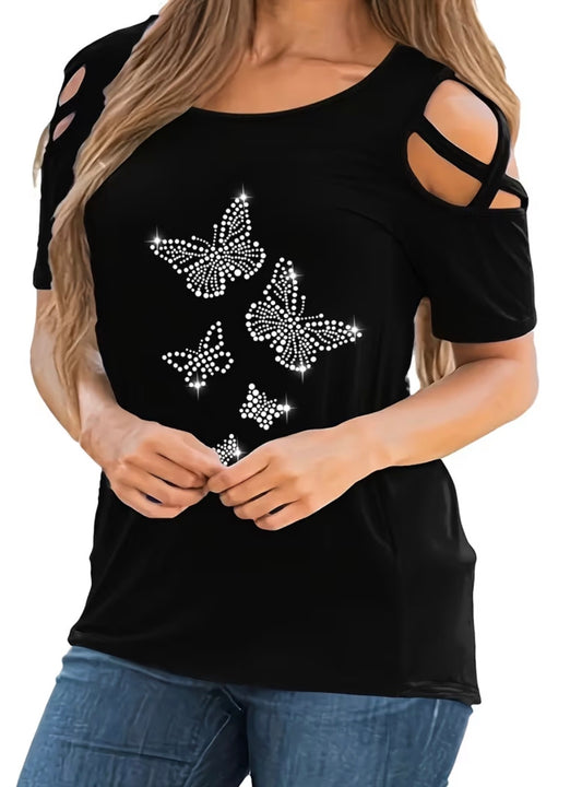 Short-Sleeve Off-Shoulder with Cross Straps, And Butterfly Rhinestones