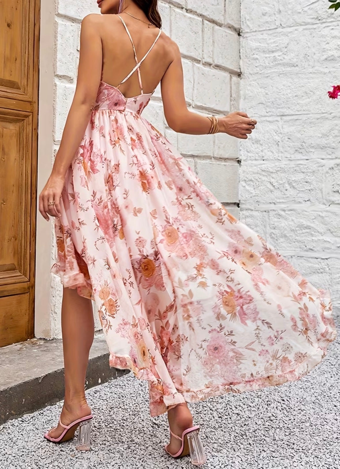 Floral Print Chiffon Dress with Ruffle Trim (Pink)