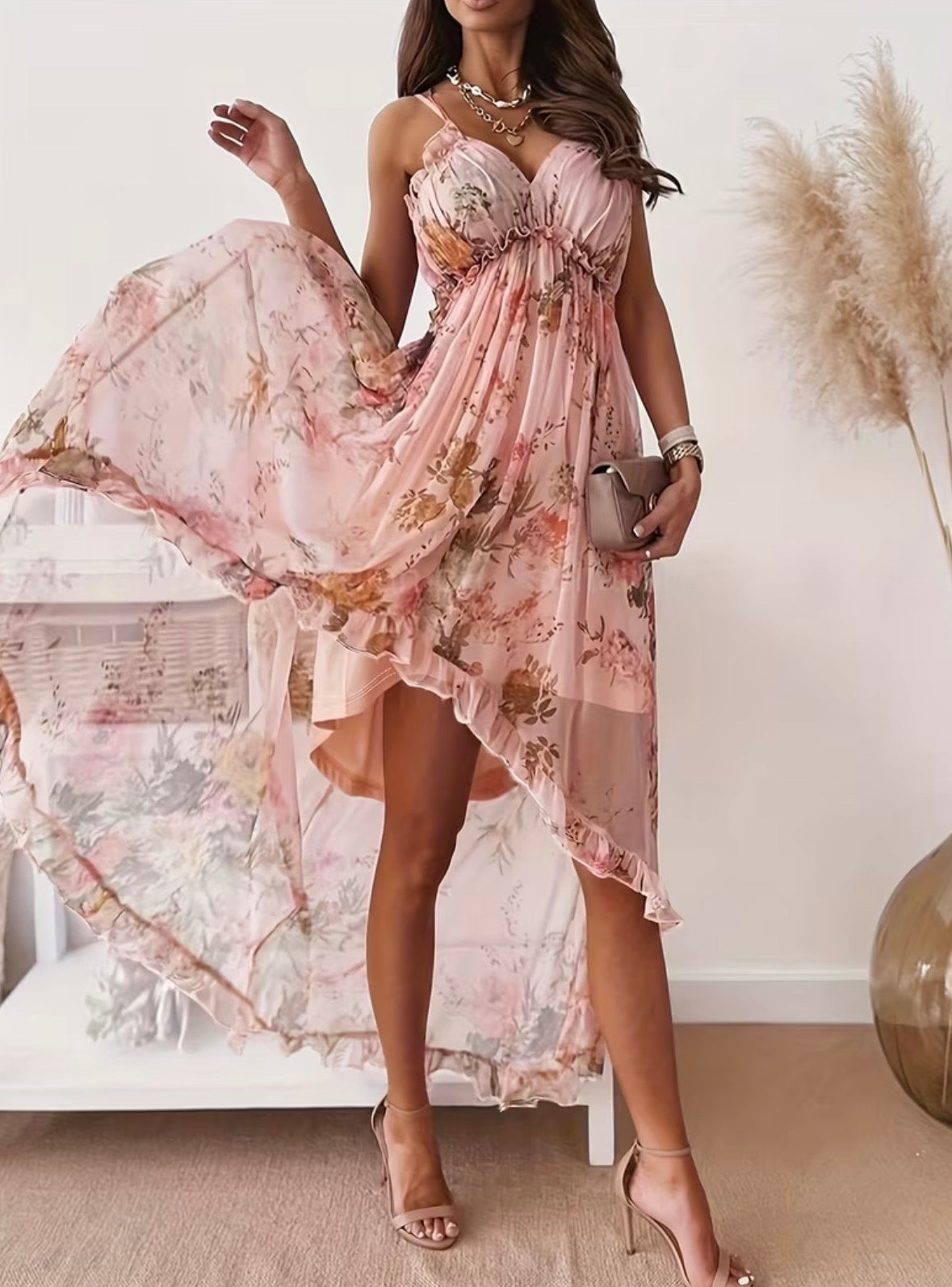 Floral Print Chiffon Dress with Ruffle Trim (Pink)