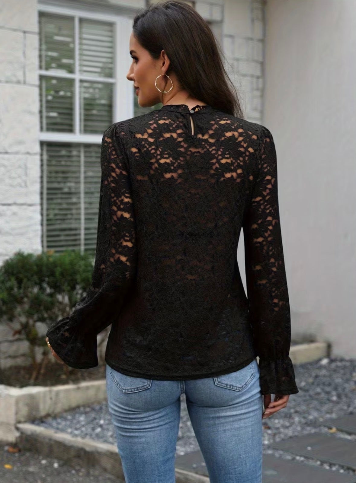 Long Sleeve Lace Top with Floral Mock Neck