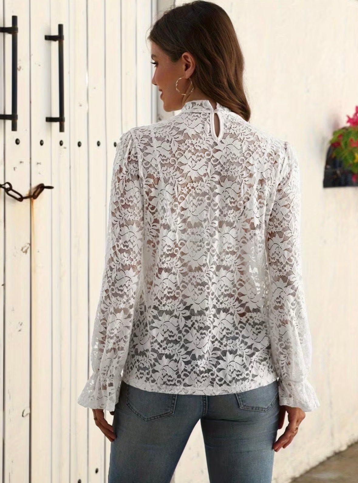 Long Sleeve Lace Top with Floral Mock Neck