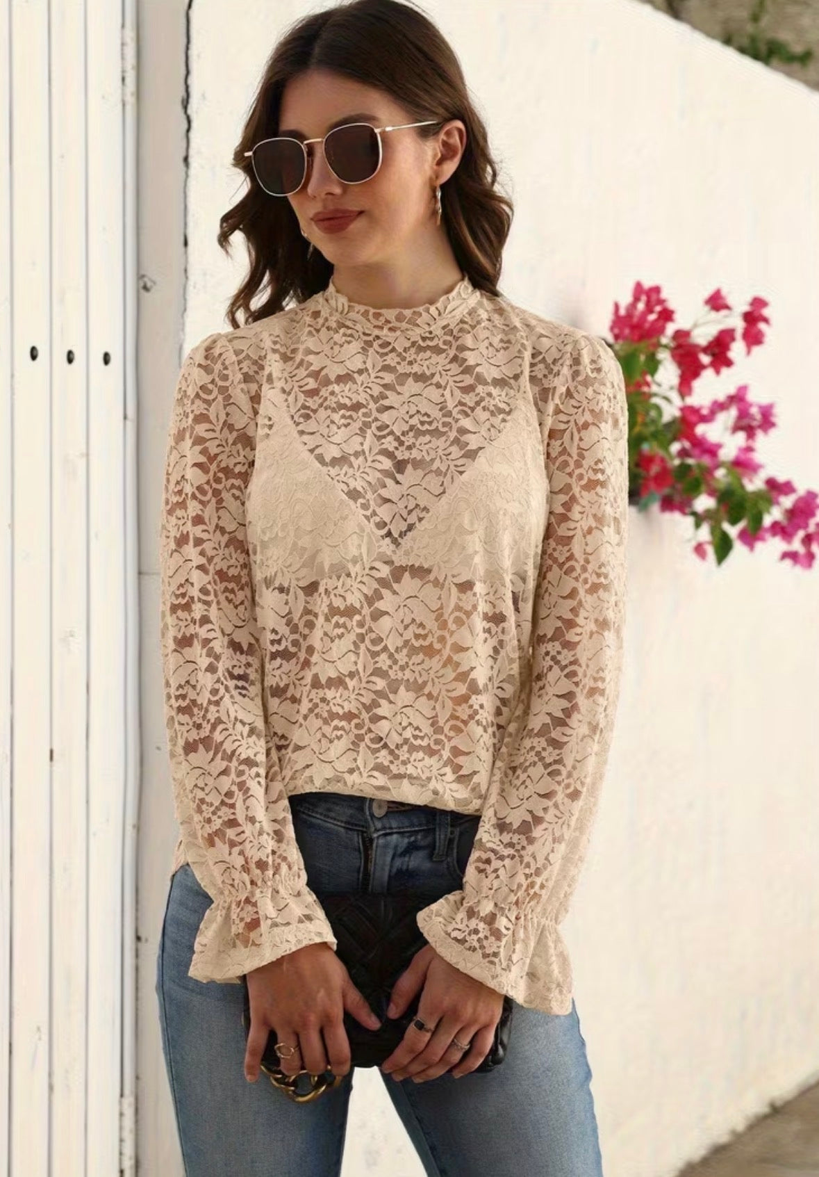 Long Sleeve Lace Top with Floral Mock Neck