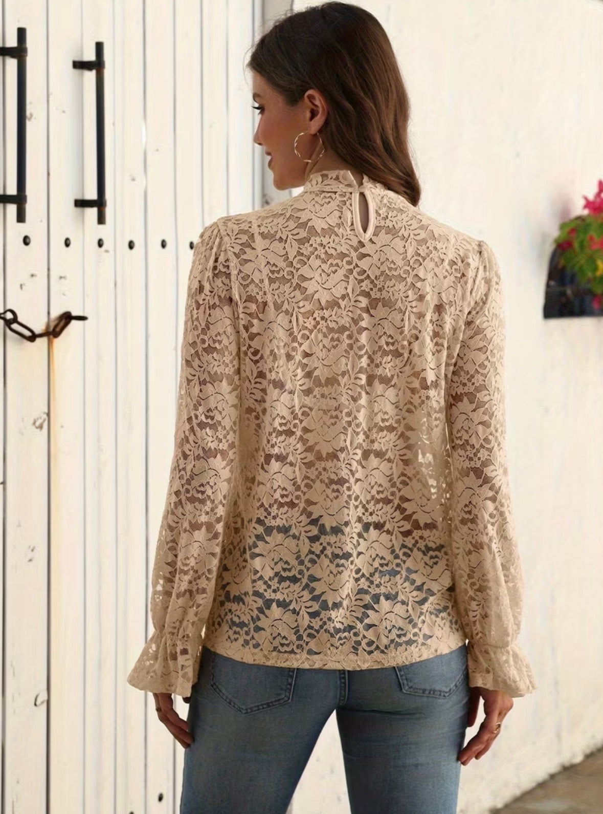 Long Sleeve Lace Top with Floral Mock Neck