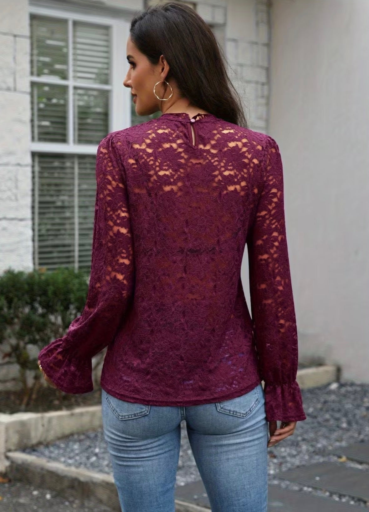 Long Sleeve Lace Top with Floral Mock Neck