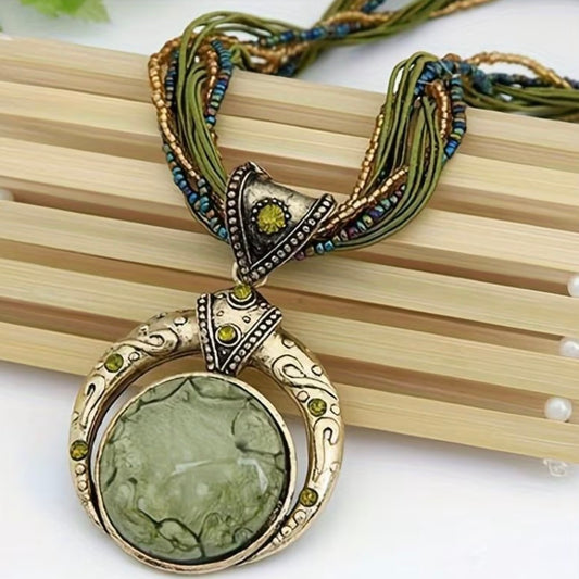 Bohemian Multi-Color Beaded Earthy Tones Synthetic Stone Pendant Necklace