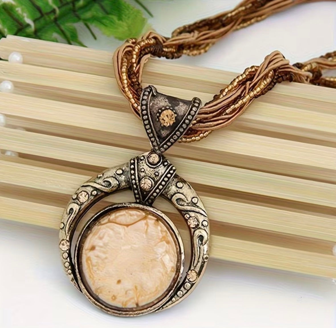 Bohemian Multi-Color Beaded Earthy Tones Synthetic Stone Pendant Necklace