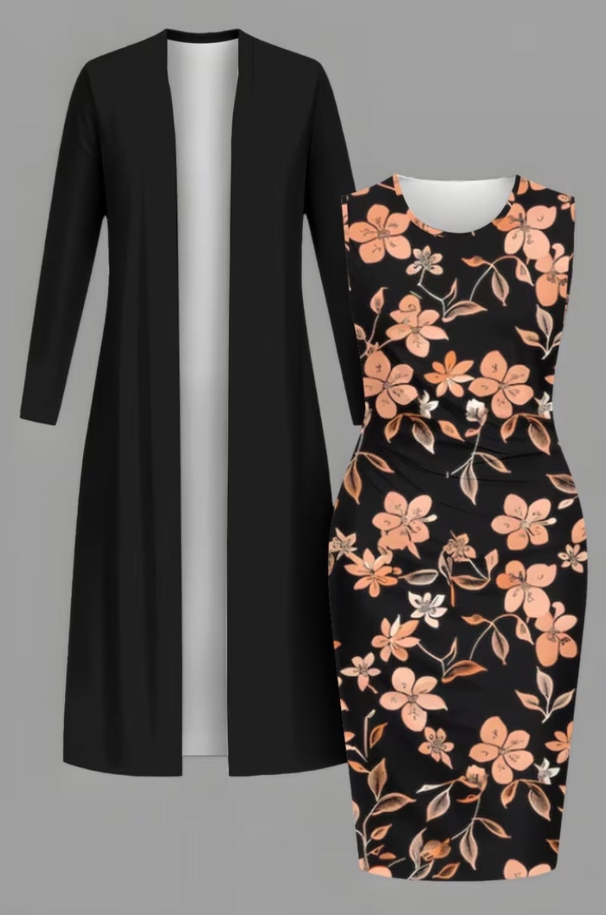 Plus Size 2-piece Long Cardigan and Cinched-waist Long Dress Set