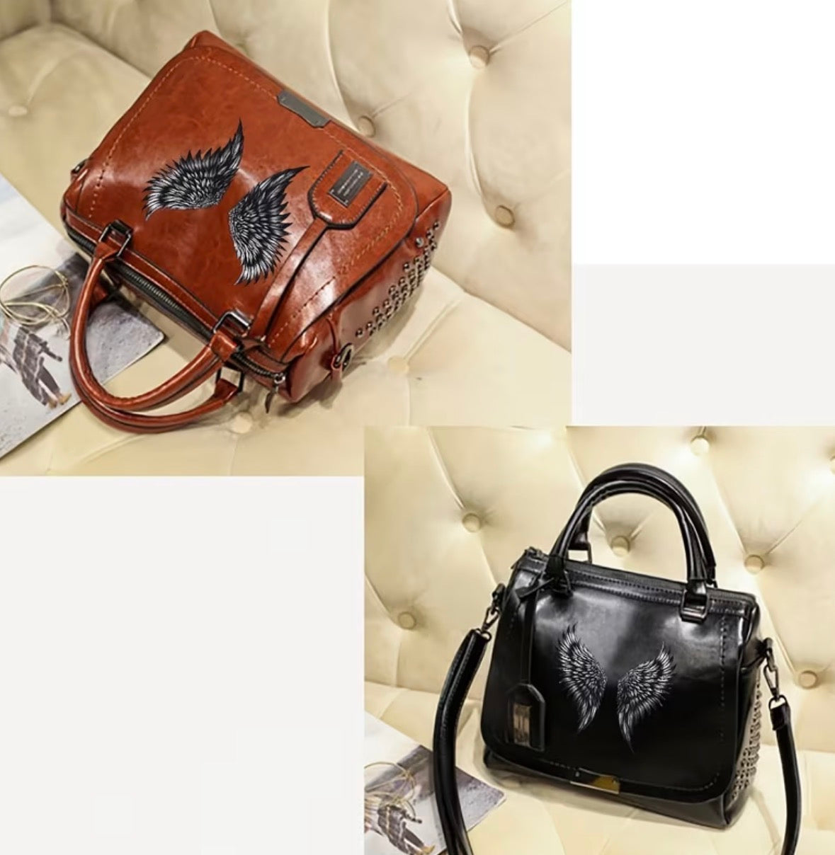 Retro Black Wing Print Crossbody/Handbag with Adjustable Strap