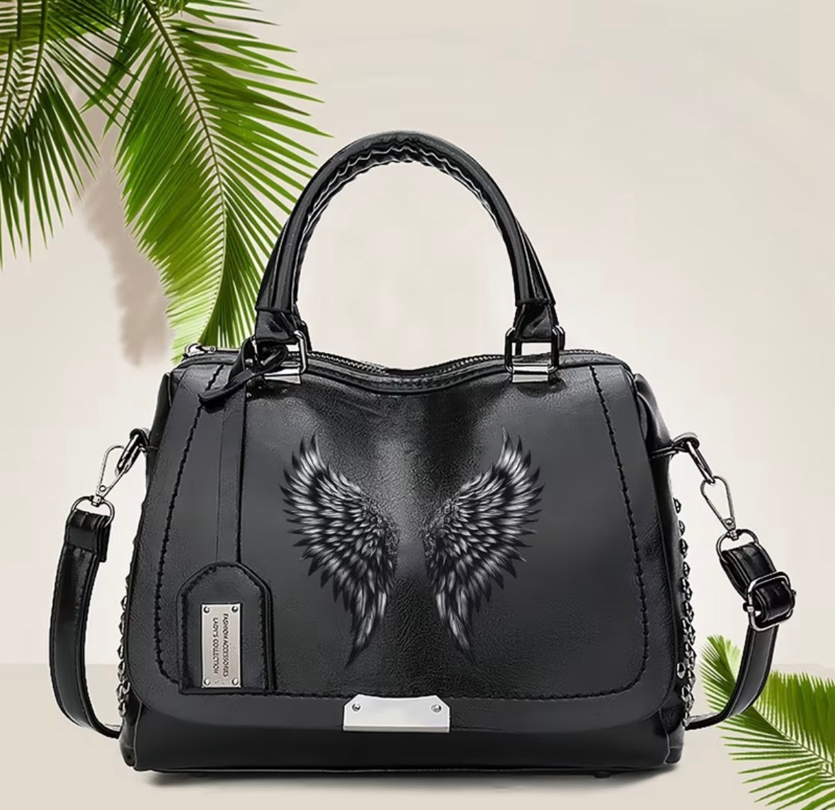 Retro Black Wing Print Crossbody/Handbag with Adjustable Strap