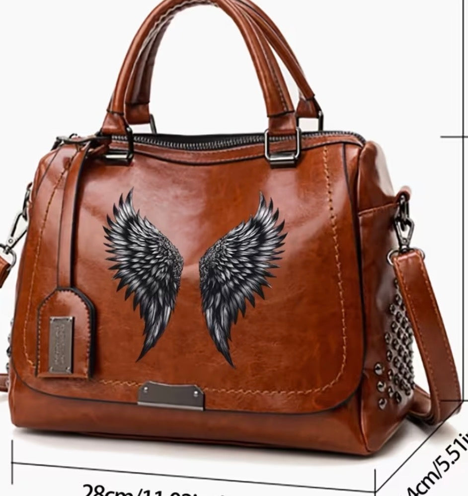 Retro Black Wing Print Crossbody/Handbag with Adjustable Strap