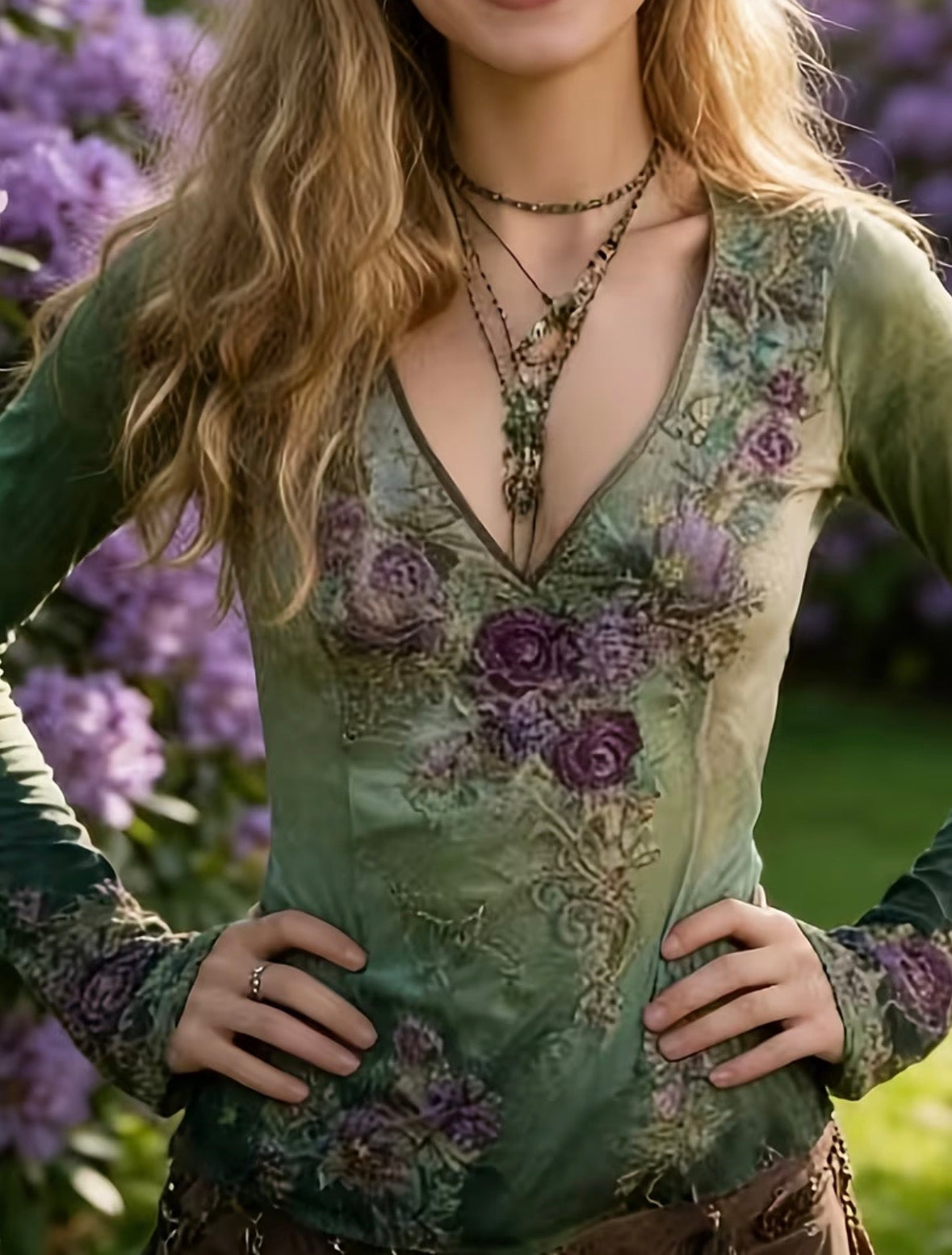 Vintage Bohemian Floral Print Deep V Long-Sleeve Top