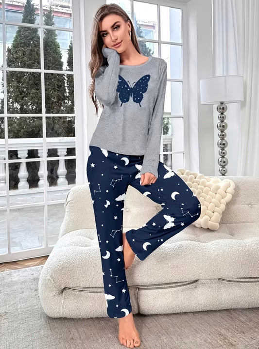 2-piece Long Sleeve Butterfly Loungewear Set