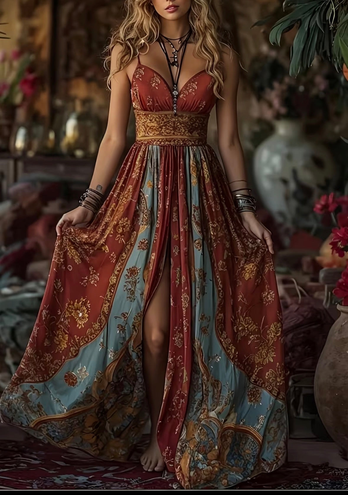 Bohemian Printed V-Neck Thin Strap Long Dress