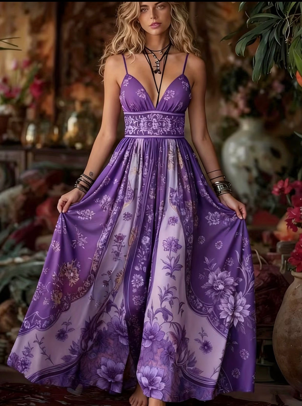 Bohemian Printed V-Neck Thin Strap Long Dress