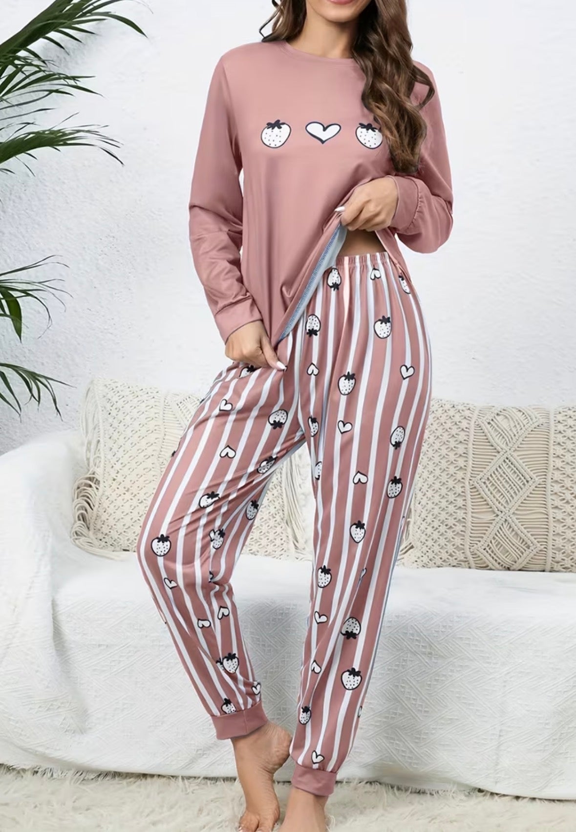 2-piece Long Sleeve Loungewear Set - Cartoon Fruit