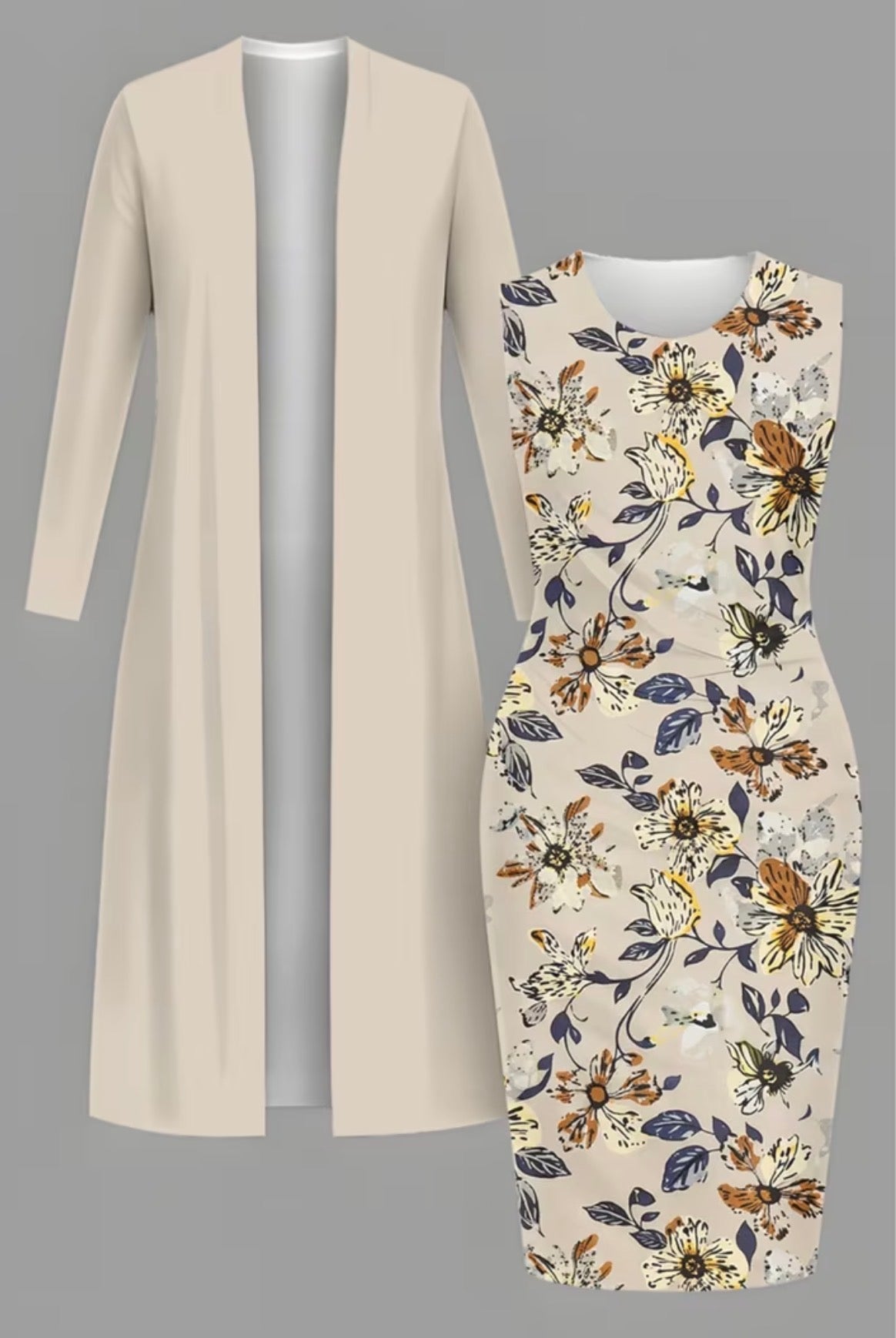 Plus Size 2-piece Long Cardigan Coat with Simple Printed Waist-cinching Dress Set