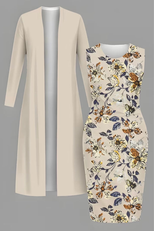 Plus Size 2-piece Long Cardigan Coat with Simple Printed Waist-cinching Dress Set