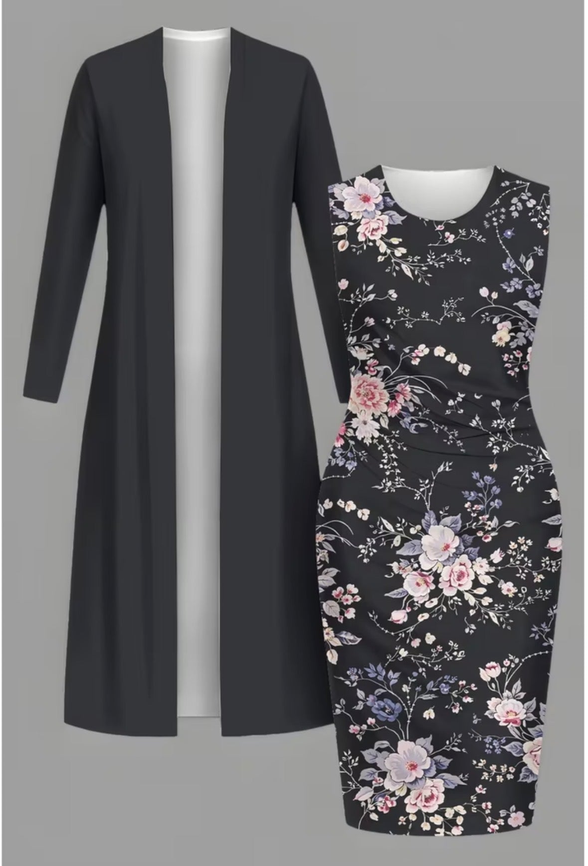 Plus Size 2-piece Long Cardigan and Cinched-waist Long Dress Set