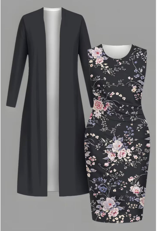Plus Size 2-piece Long Cardigan and Cinched-waist Long Dress Set