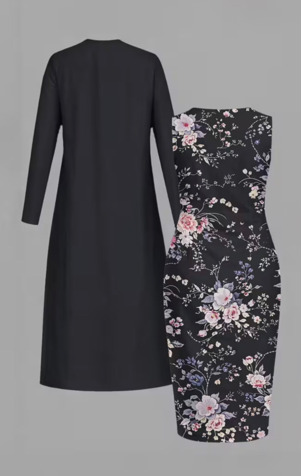 Plus Size 2-piece Long Cardigan and Cinched-waist Long Dress Set