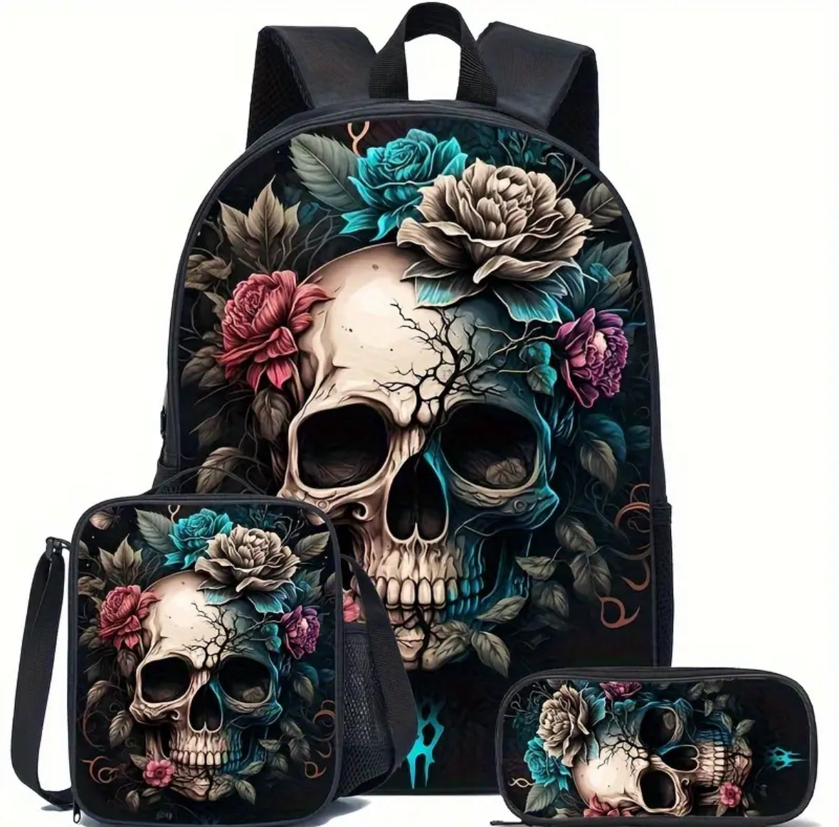 3-piece Sugar-skull Set Including Backpack, Lunch bag and Pencil Case