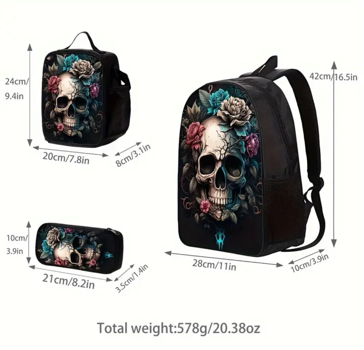 3-piece Sugar-skull Set Including Backpack, Lunch bag and Pencil Case