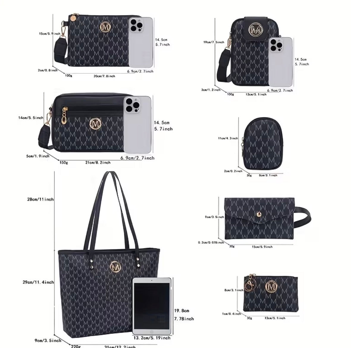 7-piece Tote and Handbag with Accessories Set