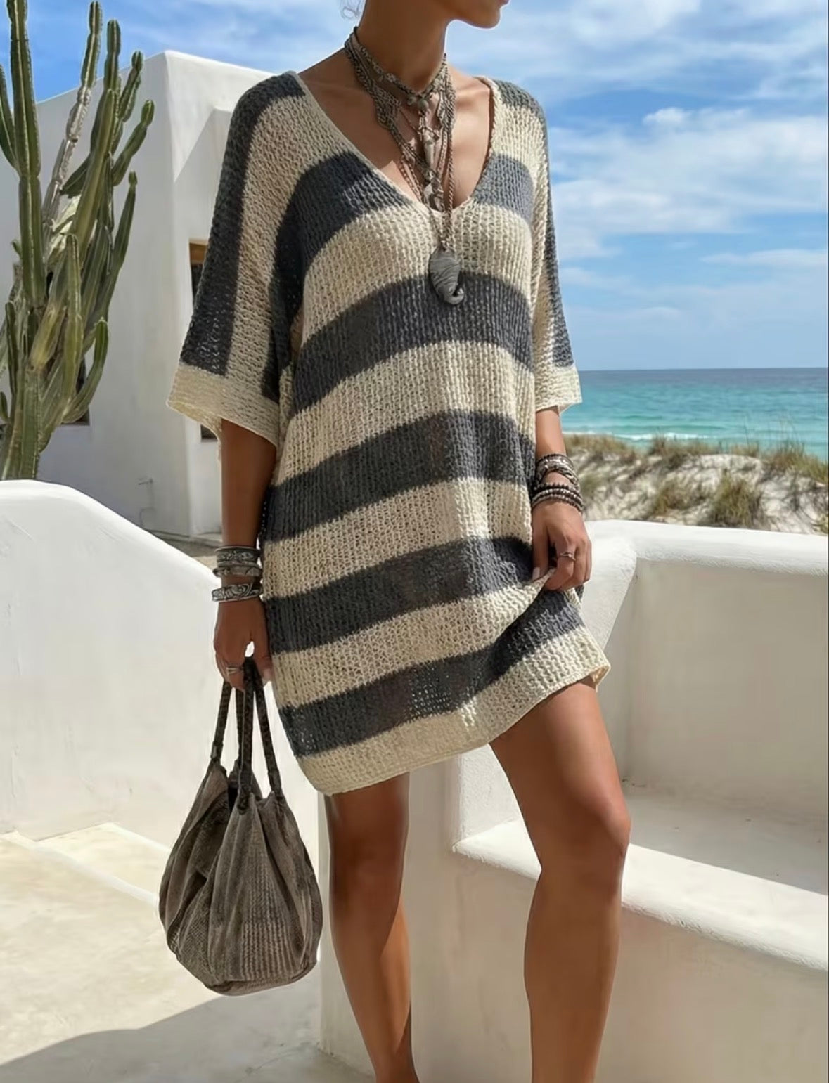 Short-sleeved Striped Loose V-neck Mini Dress