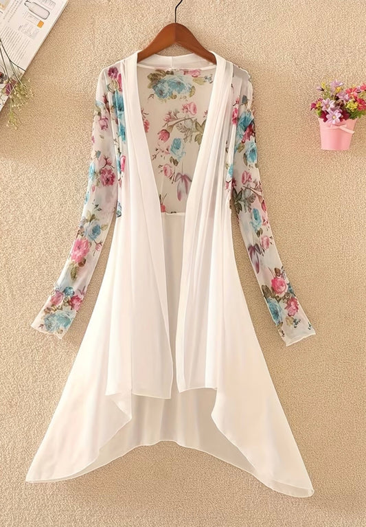 Long Sleeve Mid-length Mesh-paneled Chiffon Beach Cover-Up