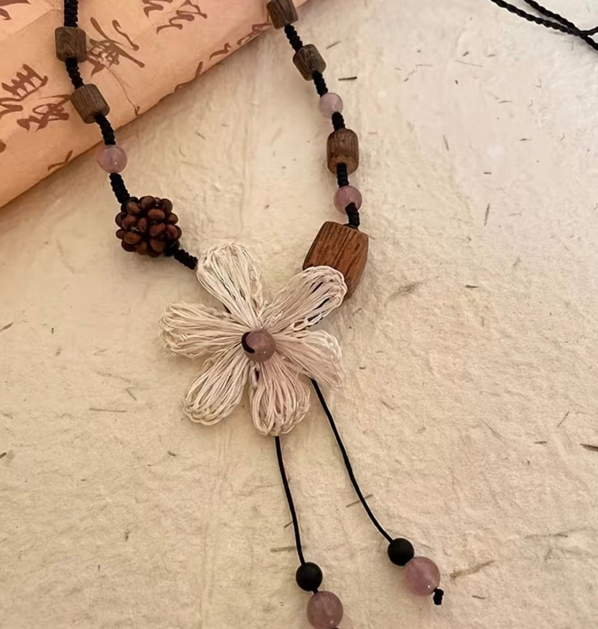 Boho Cord and Beaded Necklace with Cream Flower