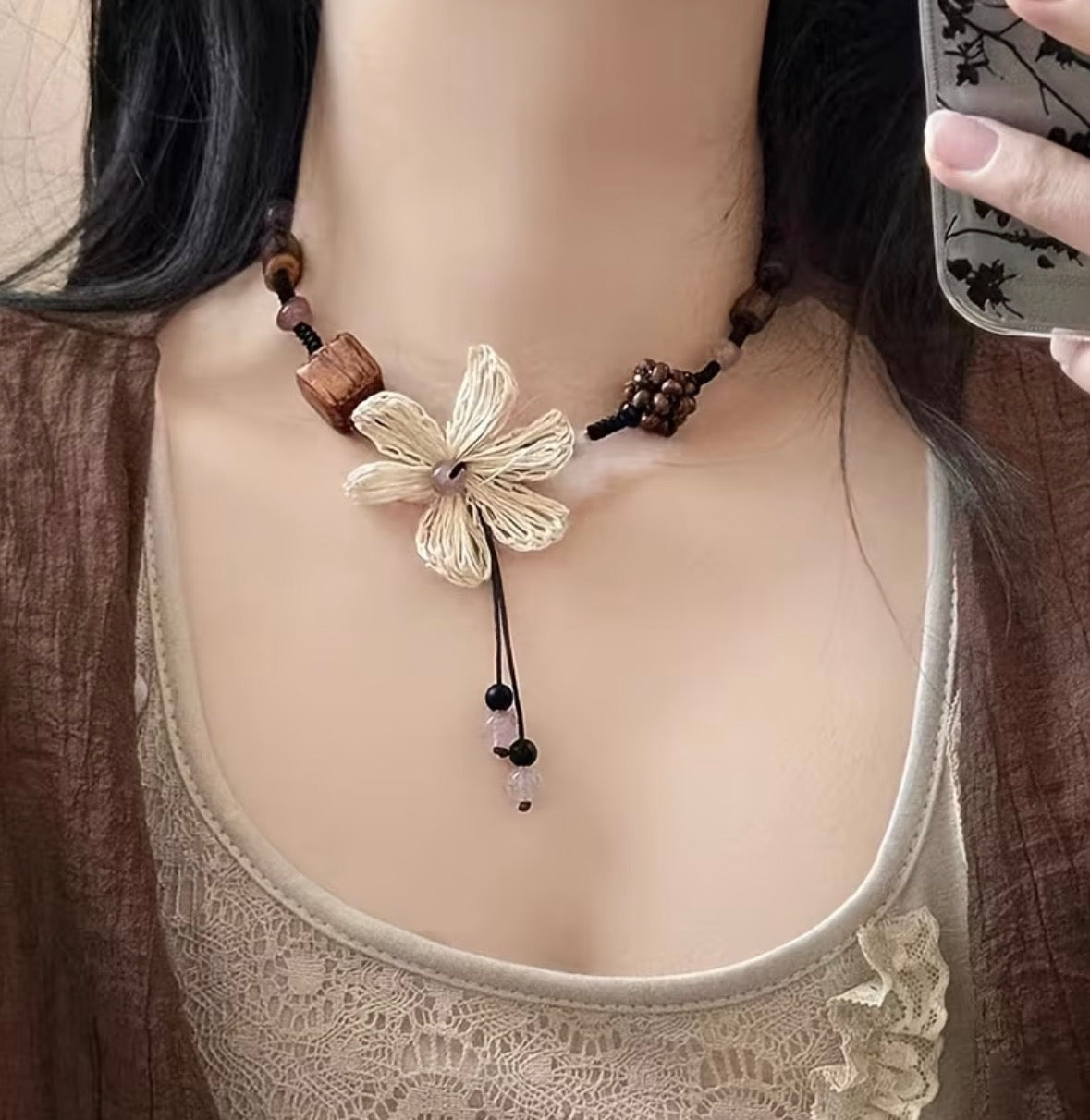 Boho Cord and Beaded Necklace with Cream Flower