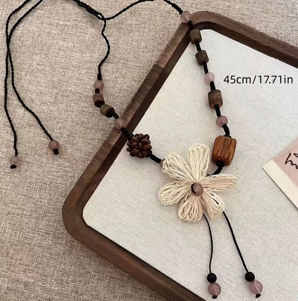 Boho Cord and Beaded Necklace with Cream Flower