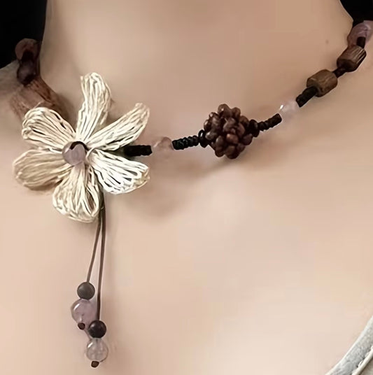 Boho Cord and Beaded Necklace with Cream Flower
