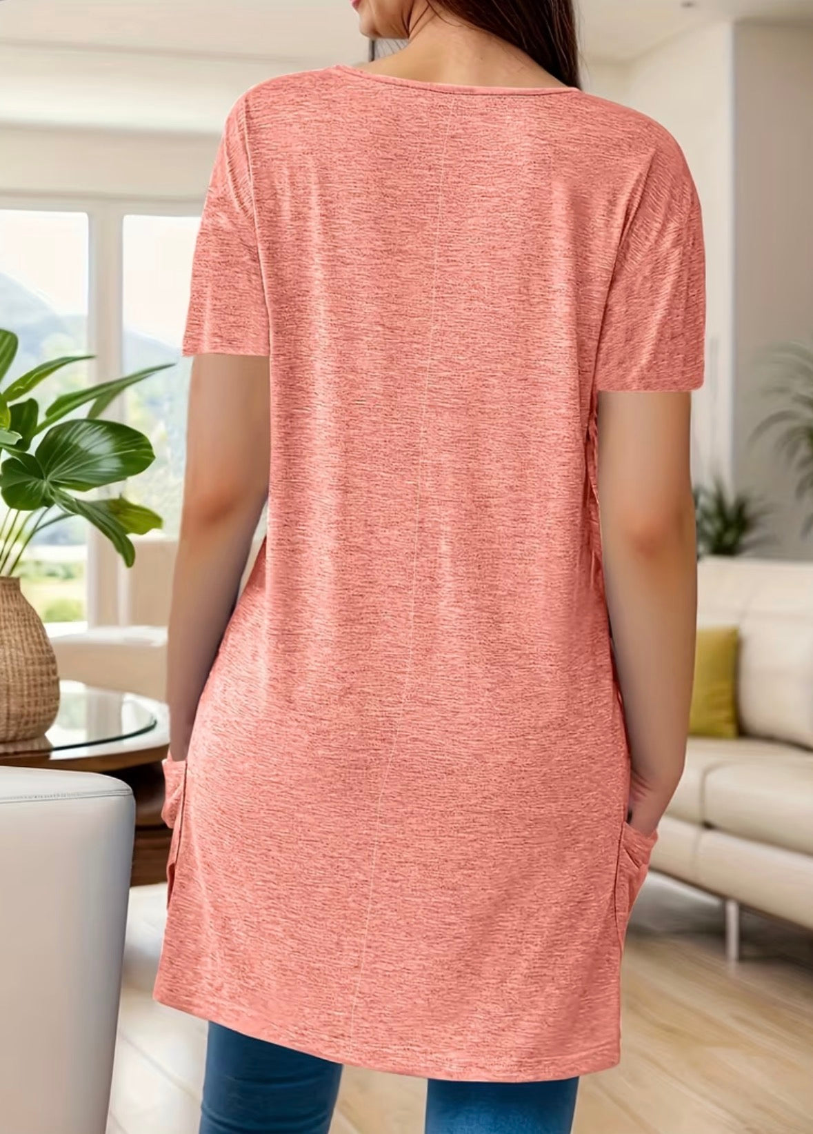 Short Sleeve Long Style Solid Color Top with Pockets