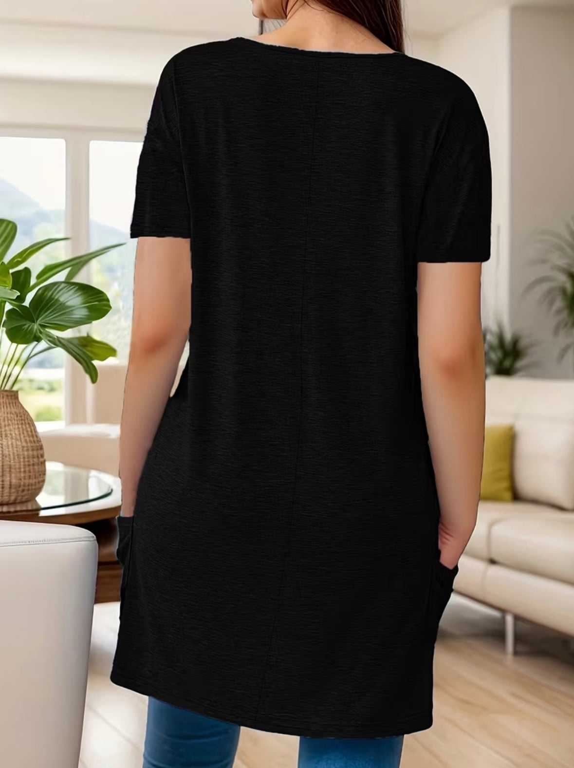Short Sleeve Long Style Solid Color Top with Pockets