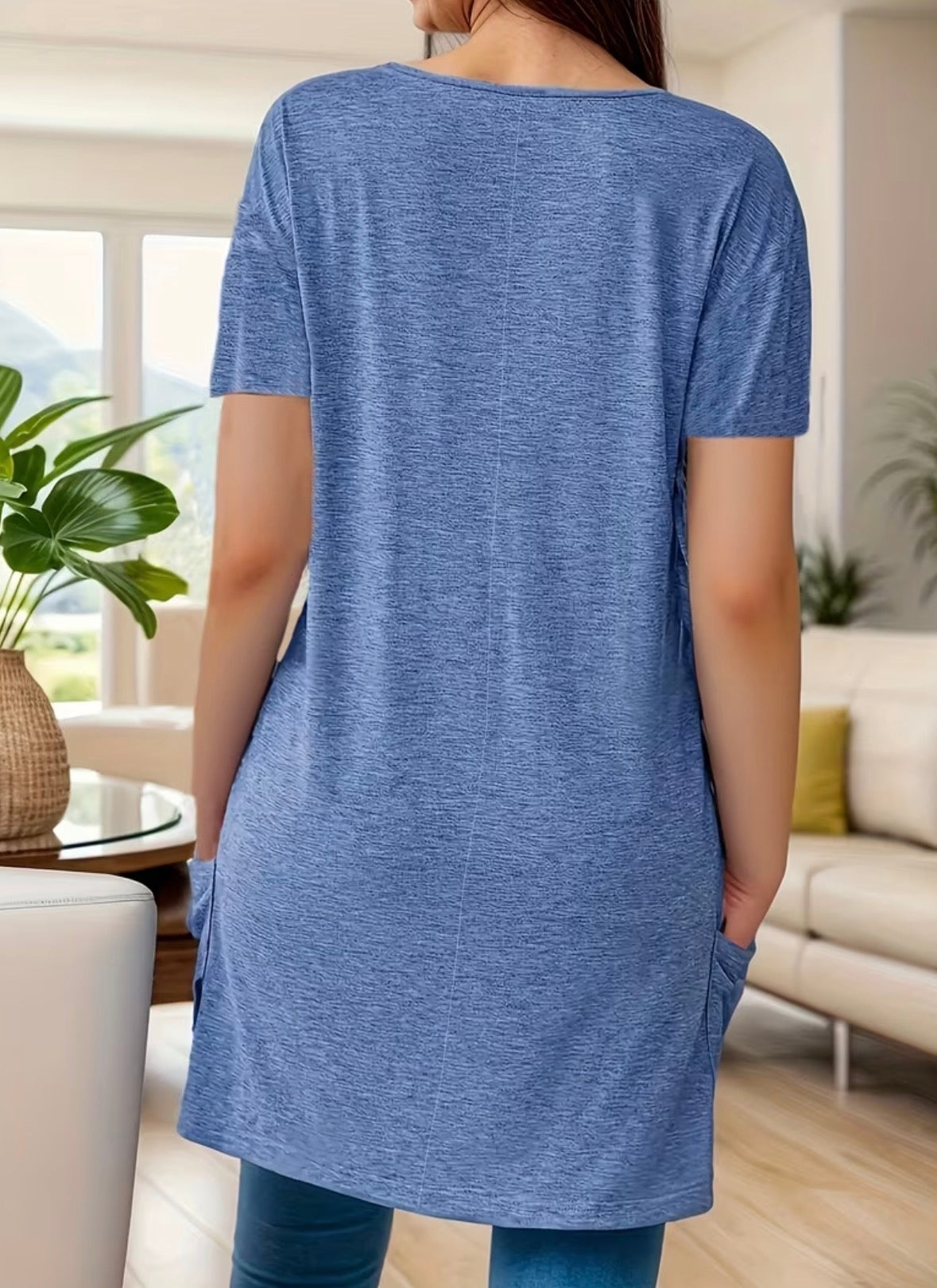 Short Sleeve Long Style Solid Color Top with Pockets