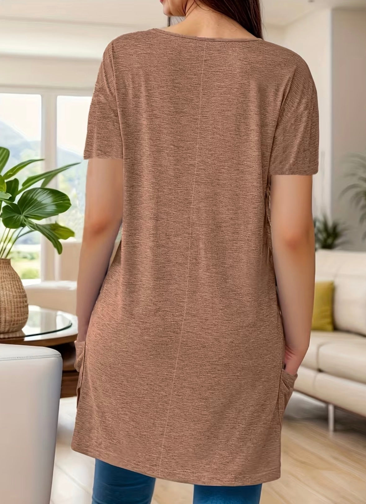 Short Sleeve Long Style Solid Color Top with Pockets
