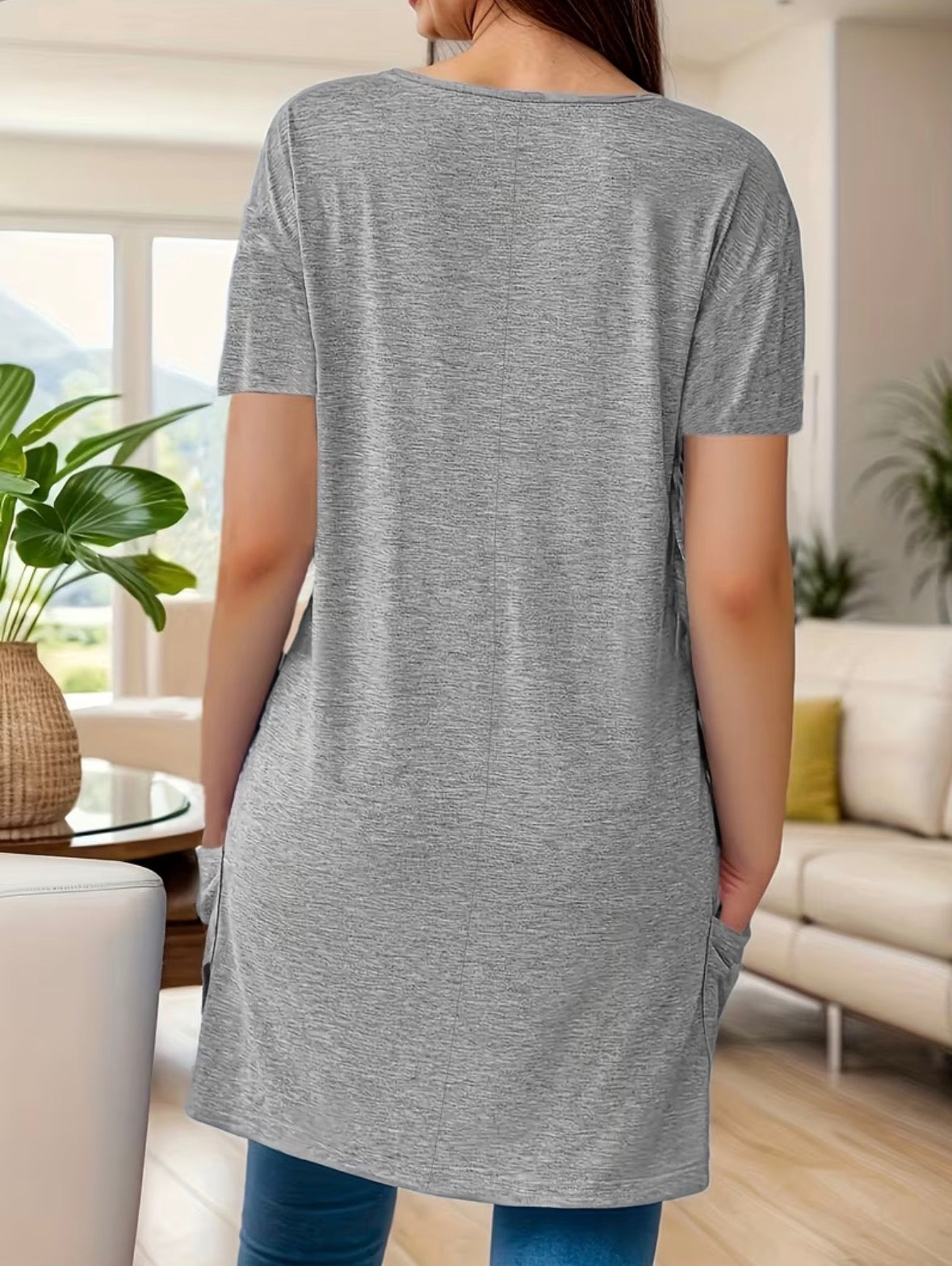 Short Sleeve Long Style Solid Color Top with Pockets
