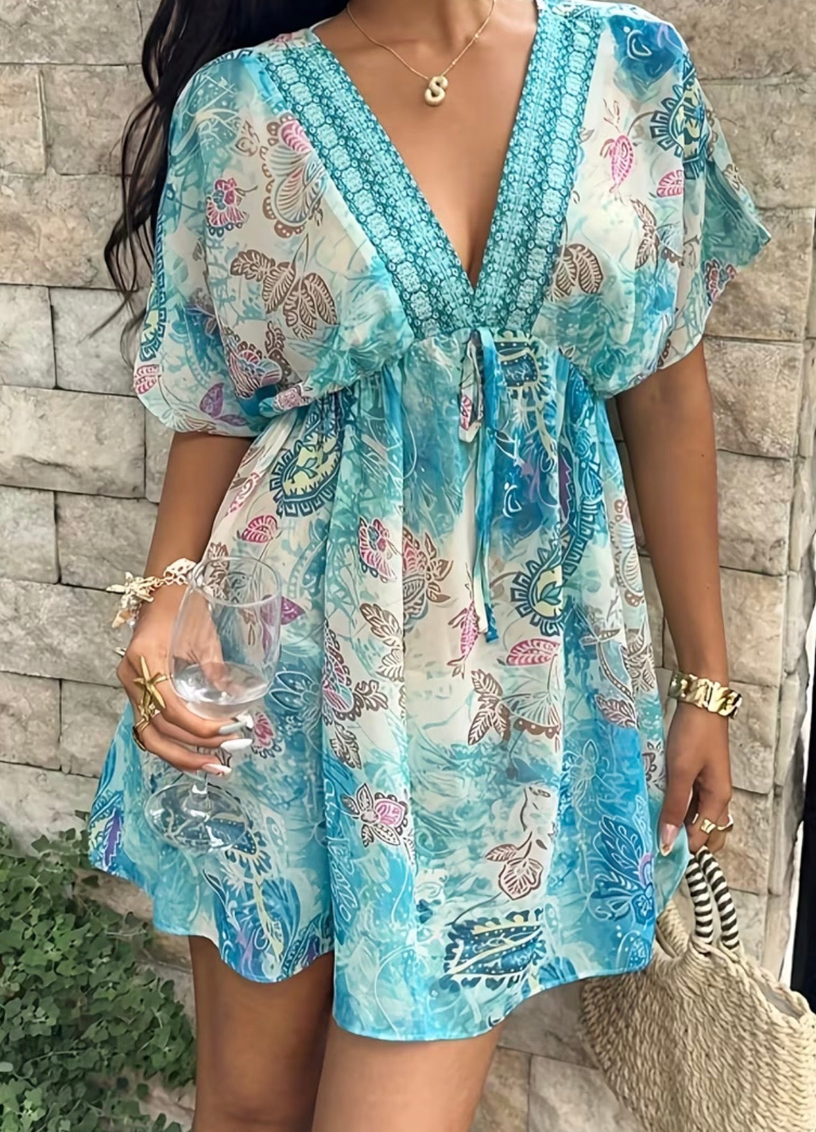 Paisley Floral Print Bow Tie Sleeve Short Dress