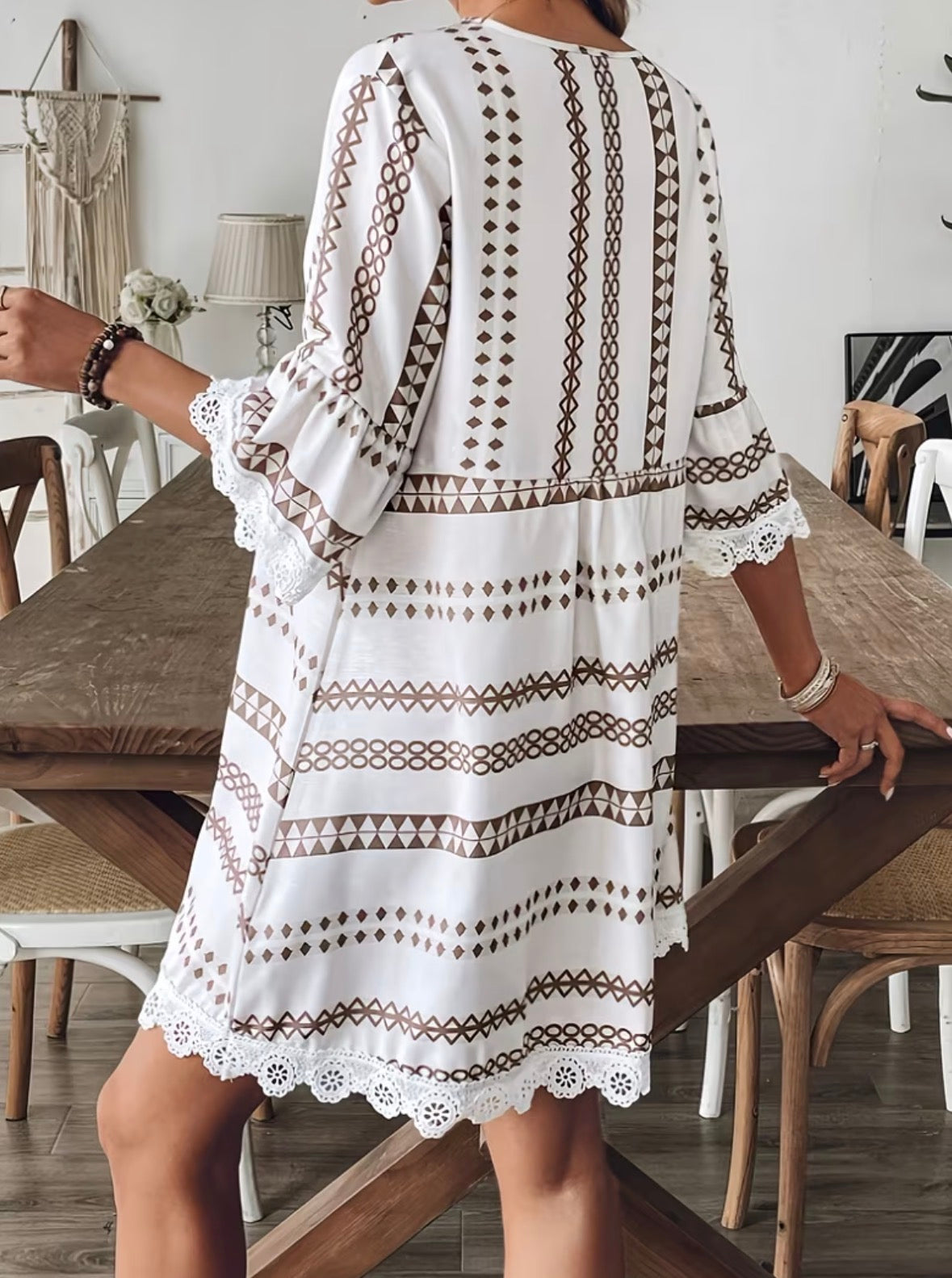 Bohemian Style V-Neck Dress with Lace Trim and A-Line Skirt