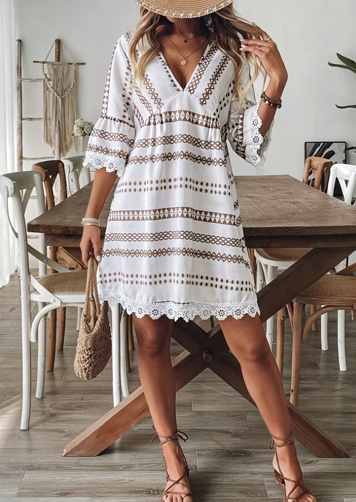 Bohemian Style V-Neck Dress with Lace Trim and A-Line Skirt